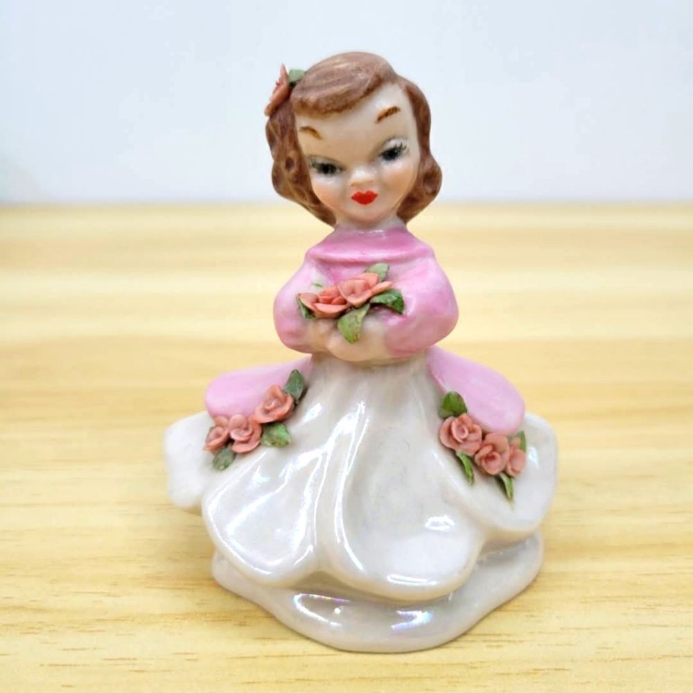 Vintage Pink & Lustery Girl with Applied Flowers Ceramic Figurine